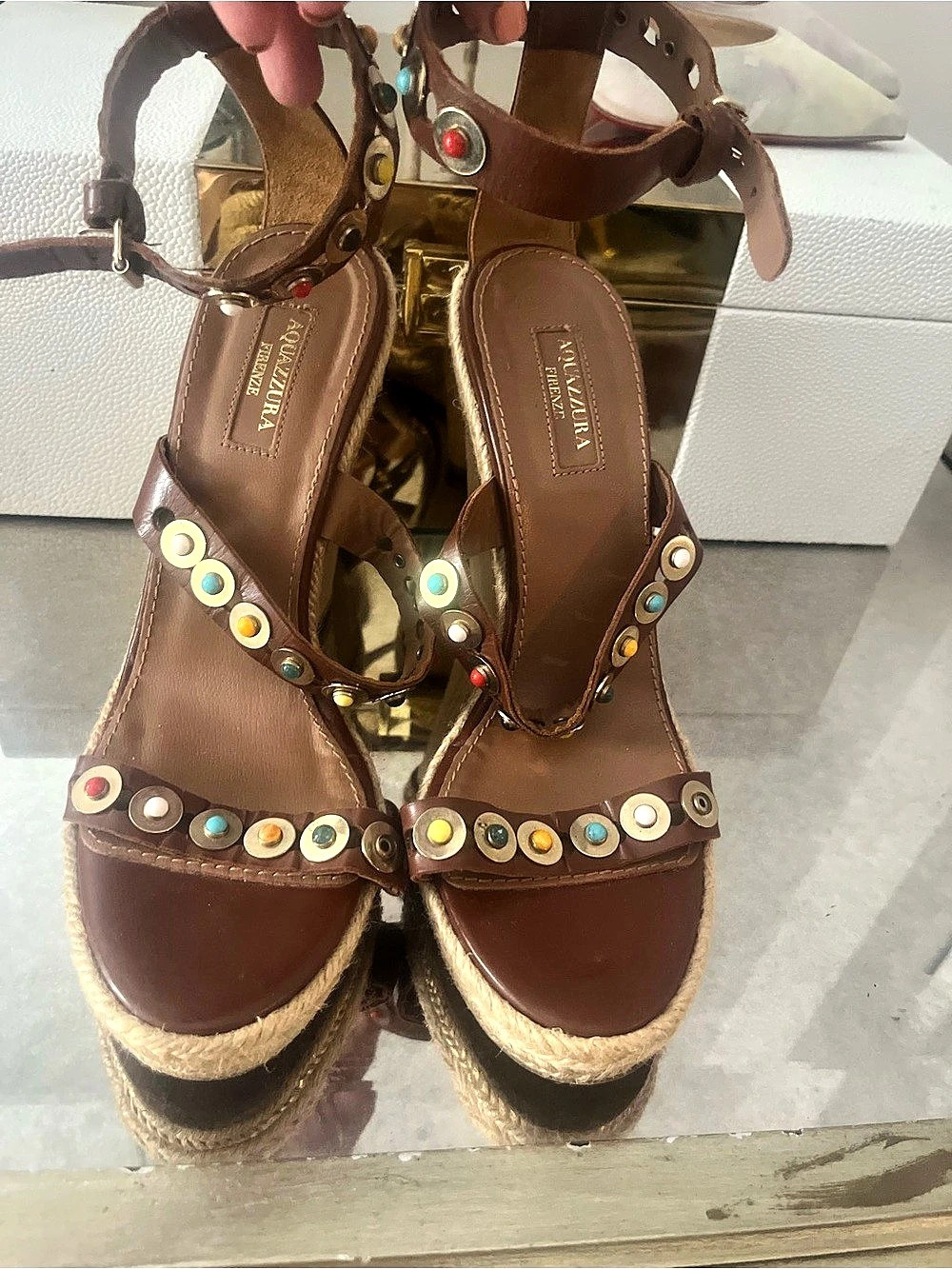 Aqua area Embellished Espadrille Wedge Sandals in Brown EU 38